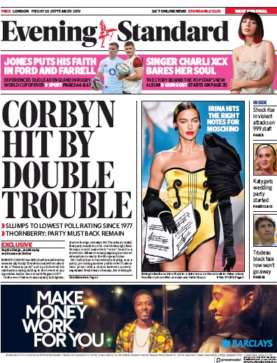 London Evening Standard Newspaper Front Page (UK) for 21 September 2019
