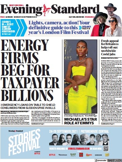 London Evening Standard Newspaper Front Page (UK) for 21 September 2021