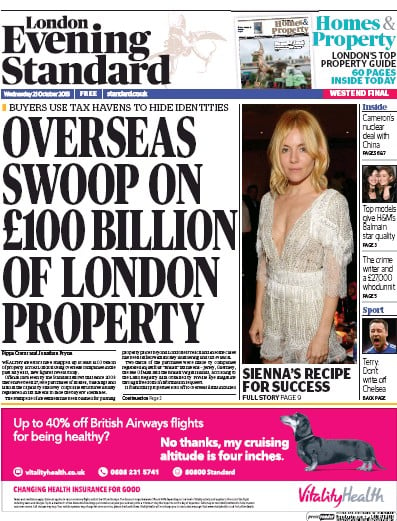 London Evening Standard Newspaper Front Page (UK) for 22 October 2015