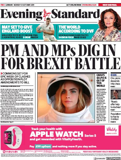 London Evening Standard Newspaper Front Page (UK) for 22 October 2019