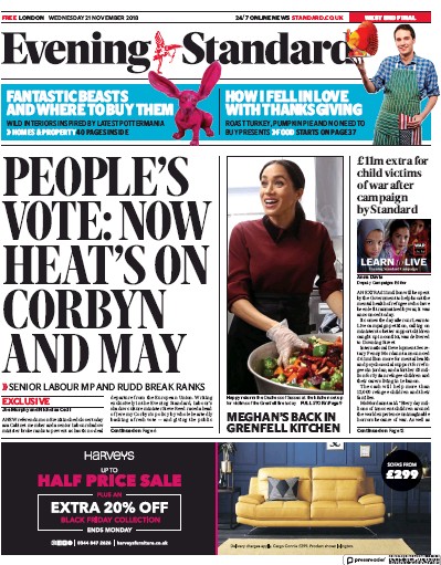 London Evening Standard Newspaper Front Page (UK) for 22 November 2018