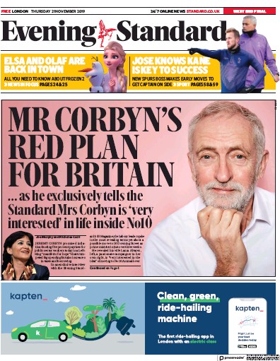 London Evening Standard Newspaper Front Page (UK) for 22 November 2019