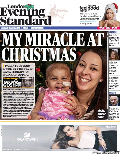 London Evening Standard Newspaper Front Page (UK) for 22 December 2015