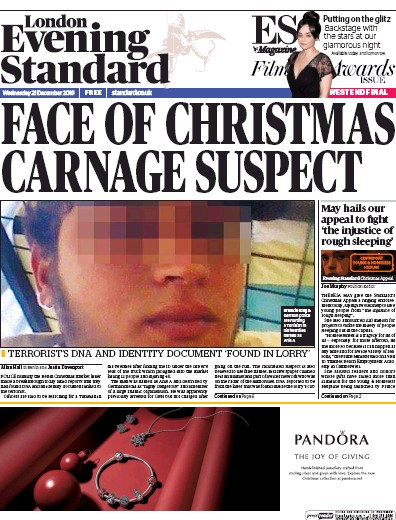 London Evening Standard Newspaper Front Page (UK) for 22 December 2016