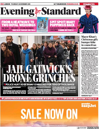 London Evening Standard Newspaper Front Page (UK) for 22 December 2018