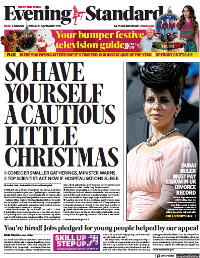 London Evening Standard Newspaper Front Page (UK) for 22 December 2021