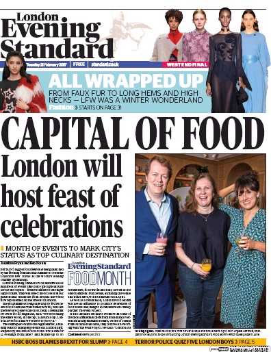 London Evening Standard Newspaper Front Page (UK) for 22 February 2017
