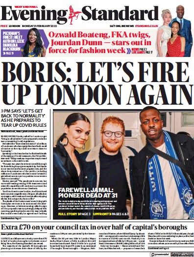 London Evening Standard Newspaper Front Page (UK) for 22 February 2022