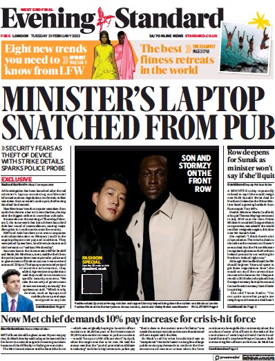 London Evening Standard Newspaper Front Page (UK) for 22 February 2023