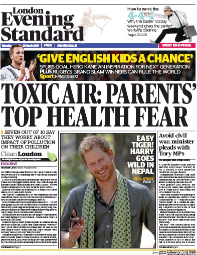 London Evening Standard Newspaper Front Page (UK) for 22 March 2016