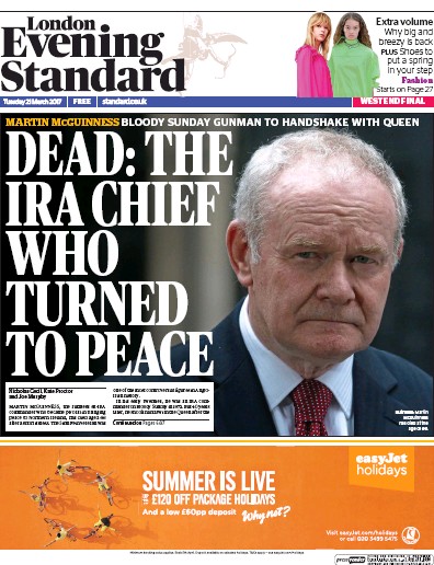 London Evening Standard Newspaper Front Page (UK) for 22 March 2017