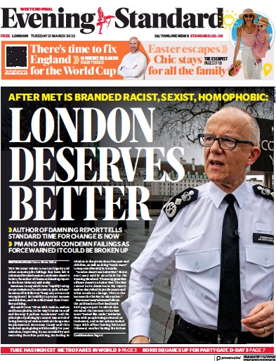 London Evening Standard Newspaper Front Page (UK) for 22 March 2023