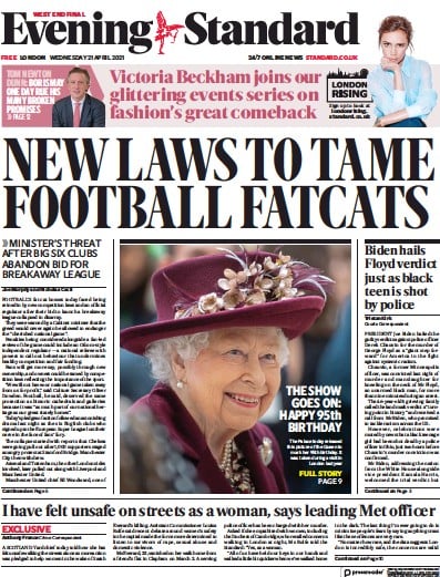 London Evening Standard Newspaper Front Page (UK) for 22 April 2021