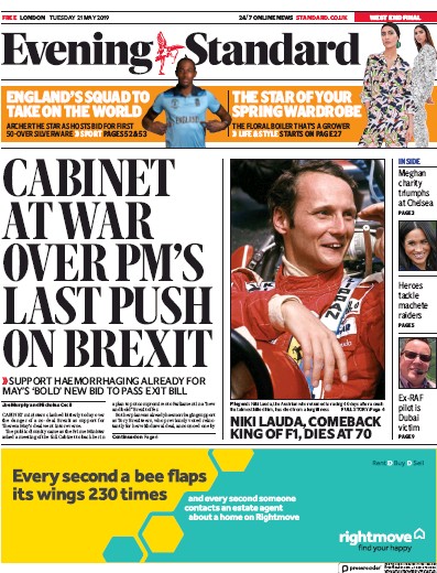 London Evening Standard Newspaper Front Page (UK) for 22 May 2019