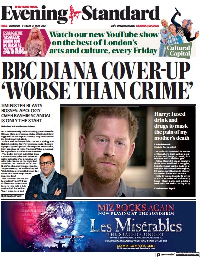 London Evening Standard Newspaper Front Page (UK) for 22 May 2021