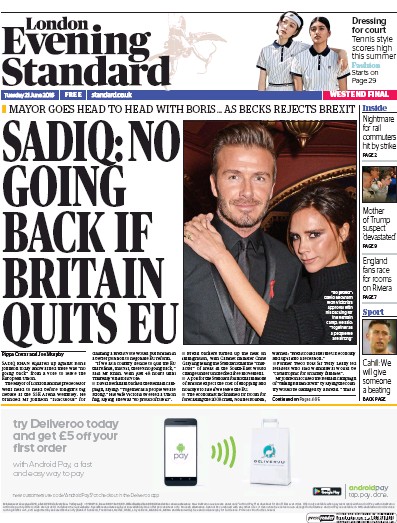 London Evening Standard Newspaper Front Page (UK) for 22 June 2016