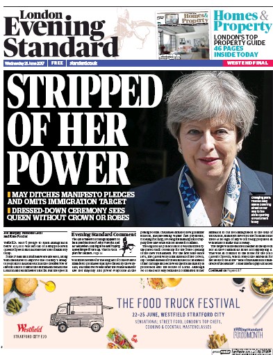 London Evening Standard Newspaper Front Page (UK) for 22 June 2017