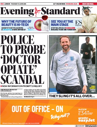 London Evening Standard Newspaper Front Page (UK) for 22 June 2018