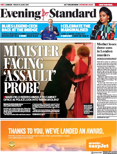 London Evening Standard Newspaper Front Page (UK) for 22 June 2019