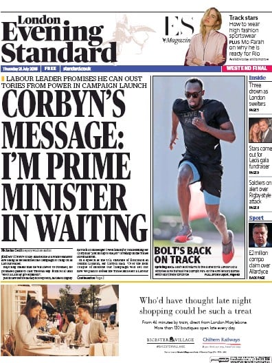 London Evening Standard Newspaper Front Page (UK) for 22 July 2016