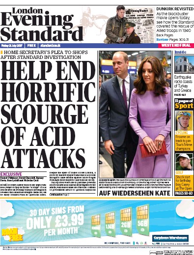 London Evening Standard Newspaper Front Page (UK) for 22 July 2017