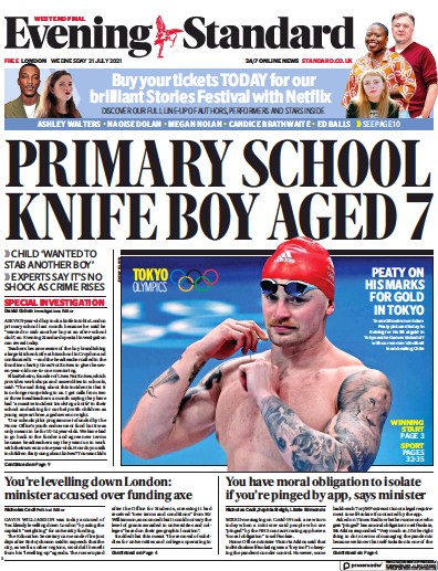 London Evening Standard Newspaper Front Page (UK) for 22 July 2021