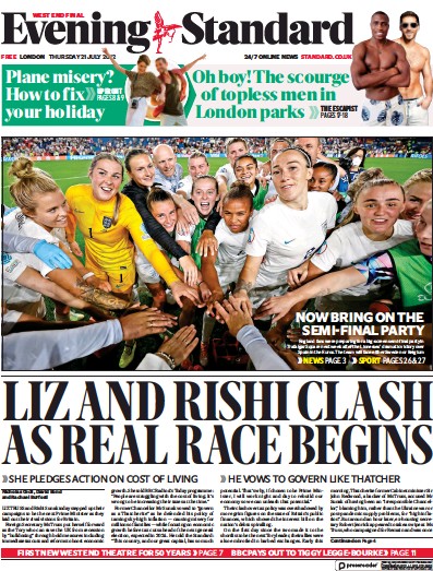 London Evening Standard Newspaper Front Page (UK) for 22 July 2022