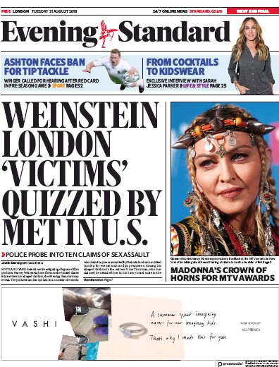 London Evening Standard Newspaper Front Page (UK) for 22 August 2018