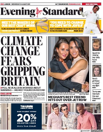 London Evening Standard Newspaper Front Page (UK) for 22 August 2019