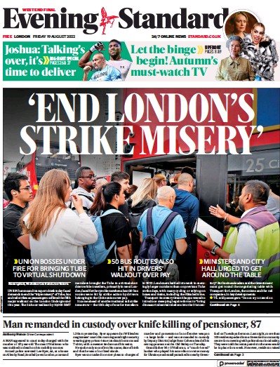 London Evening Standard Newspaper Front Page (UK) for 22 August 2022