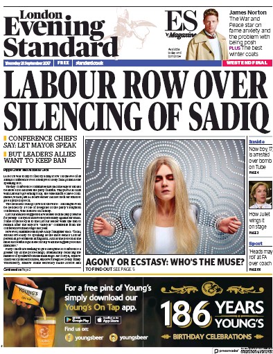 London Evening Standard Newspaper Front Page (UK) for 22 September 2017