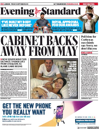 London Evening Standard Newspaper Front Page (UK) for 22 September 2018