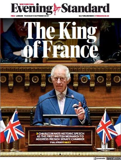 London Evening Standard Newspaper Front Page (UK) for 22 September 2023