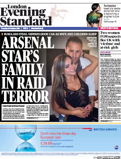 London Evening Standard Newspaper Front Page (UK) for 23 October 2015