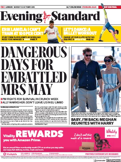 London Evening Standard Newspaper Front Page (UK) for 23 October 2018