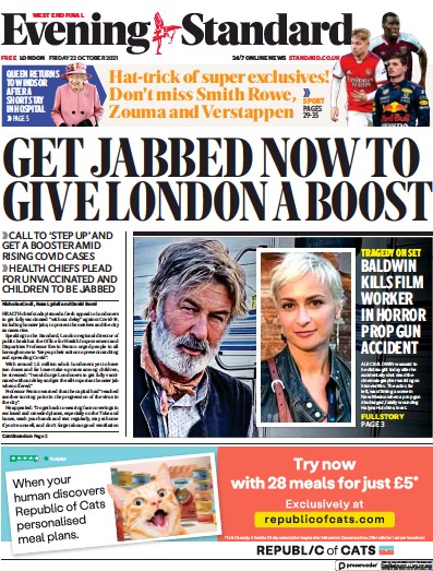 London Evening Standard Newspaper Front Page (UK) for 23 October 2021