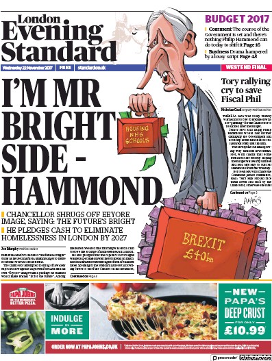 London Evening Standard Newspaper Front Page (UK) for 23 November 2017