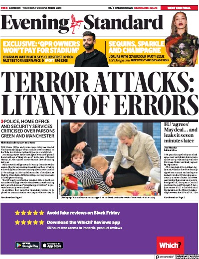 London Evening Standard Newspaper Front Page (UK) for 23 November 2018