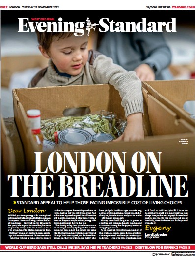 London Evening Standard Newspaper Front Page (UK) for 23 November 2022