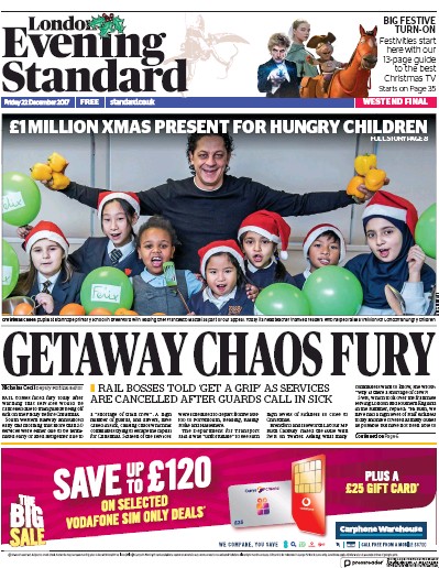 London Evening Standard Newspaper Front Page (UK) for 23 December 2017