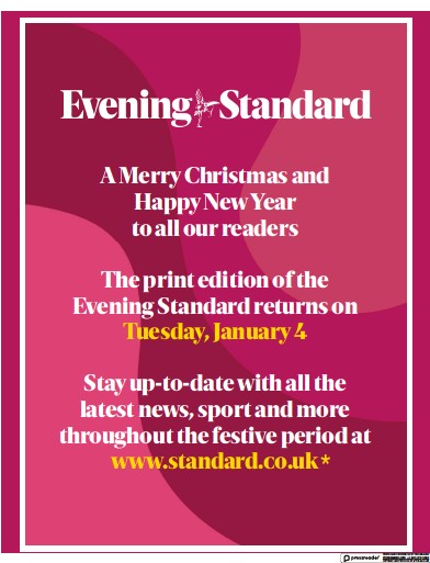 London Evening Standard Newspaper Front Page (UK) for 23 December 2021