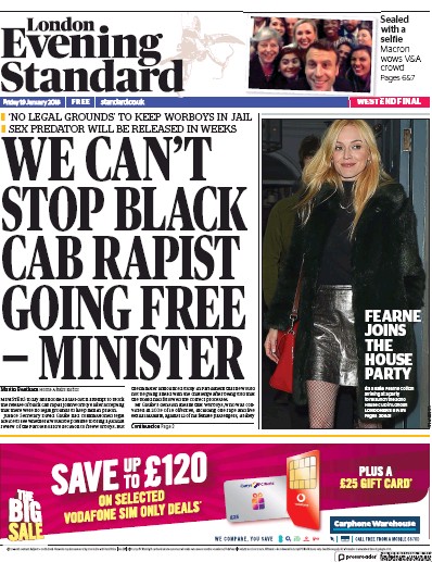 London Evening Standard Newspaper Front Page (UK) for 23 January 2018