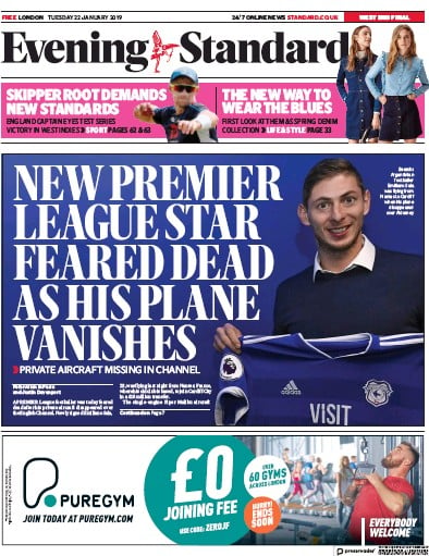 London Evening Standard Newspaper Front Page (UK) for 23 January 2019