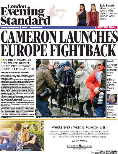 London Evening Standard Newspaper Front Page (UK) for 23 February 2016