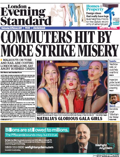 London Evening Standard Newspaper Front Page (UK) for 23 February 2017