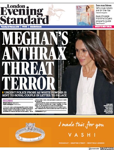 London Evening Standard Newspaper Front Page (UK) for 23 February 2018