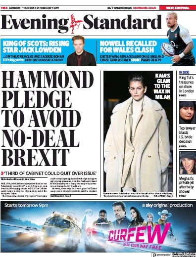 London Evening Standard Newspaper Front Page (UK) for 23 February 2019