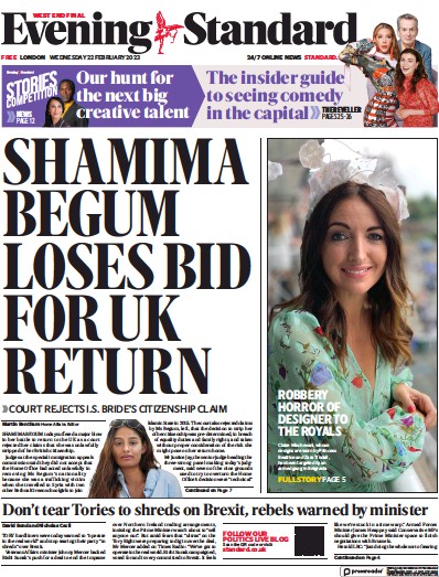 London Evening Standard Newspaper Front Page (UK) for 23 February 2023