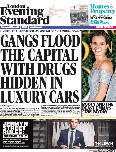 London Evening Standard Newspaper Front Page (UK) for 23 March 2017