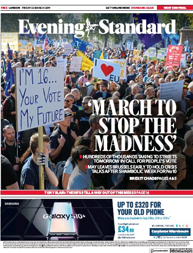 London Evening Standard Newspaper Front Page (UK) for 23 March 2019